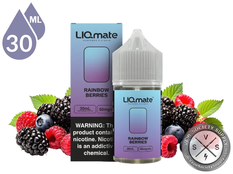 Rainbow Berries LIQmate Salts by 7 Daze 30ml bottle and box with blackberries, raspberries and blueberries