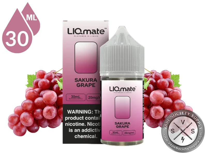 Sakura Grape LIQmate Salts by 7 Daze 30ml bottle and box with bunches of red grapes