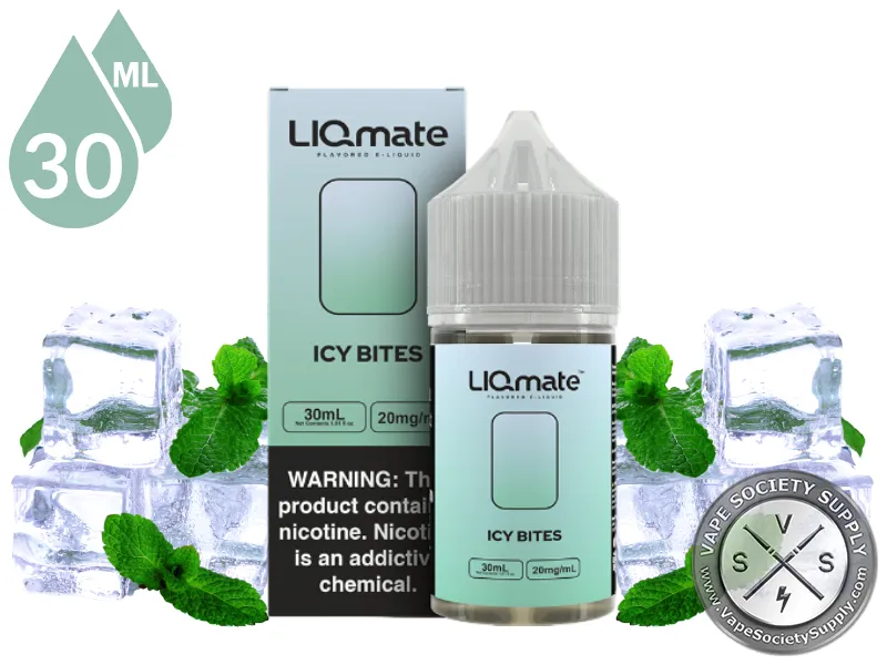 Icy Bites LIQmate Salts by 7 Daze 30ml bottle and box with ice cubes and mint leaves