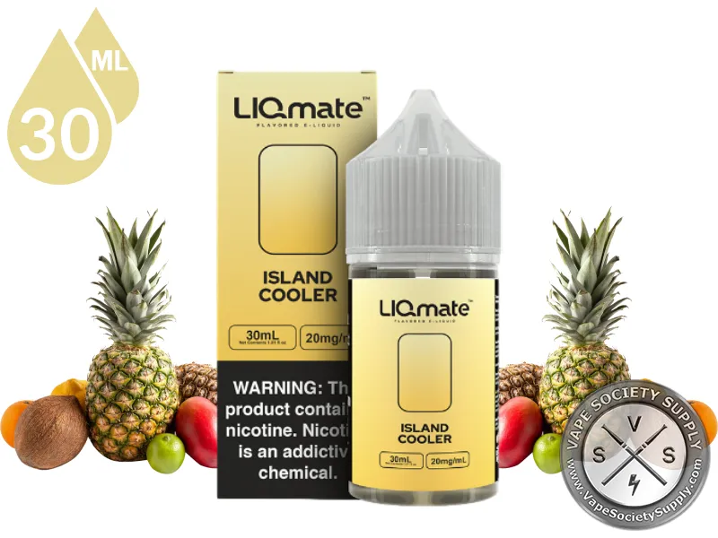 Island Cooler LIQmate Salts by 7 Daze 30ml bottle and box with pineapples, coconuts and other tropical fruit