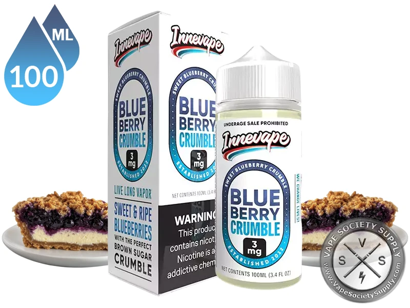 Blueberry Crumble Innevape 100ml bottle and box with slices of blueberry crumble