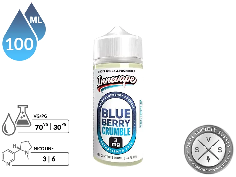 Blueberry Crumble Innevape 100ml bottle with a 70/30 VG/PG icon and nicotine strength icons