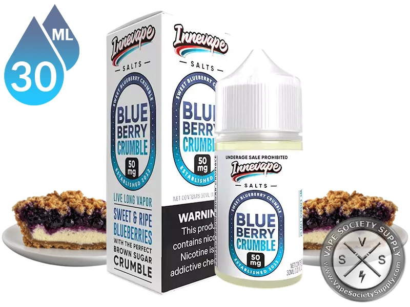 Blueberry Crumble Innevape Salts 30ml bottle and box with slices of blueberry crumble