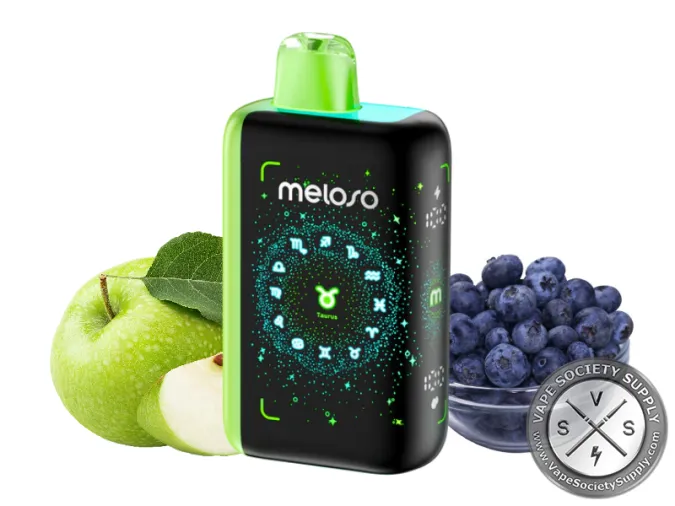 Geek Bar Meloso Bar 30K Green Apple Blueberry disposable vape with a green top, next to green apples and a bowl of blueberries