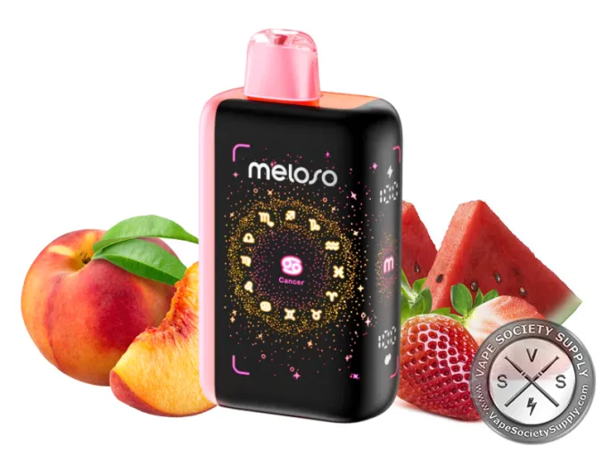 Geek Bar Meloso Bar 30K Peachy Strawmelon disposable vape with a pink top, next to peaches, strawberries and watermelon