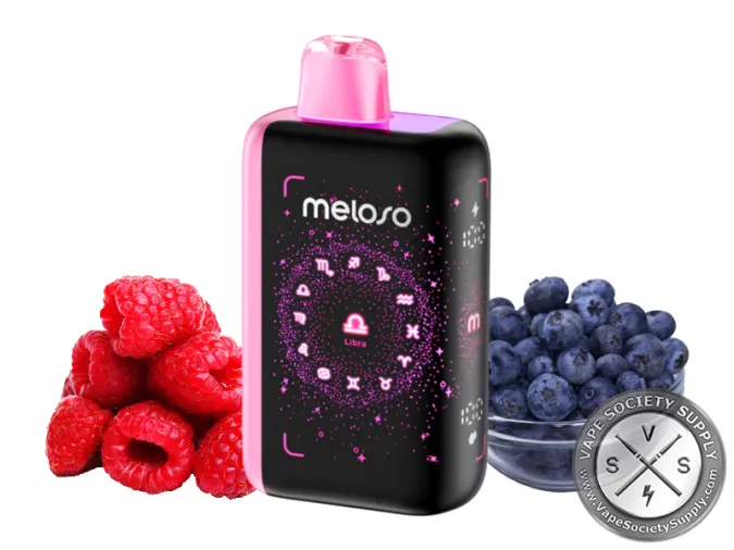 Geek Bar Meloso Bar 30K Blueberry Raspberry disposable vape with a pink top, next to raspberries and a bowl of blueberries