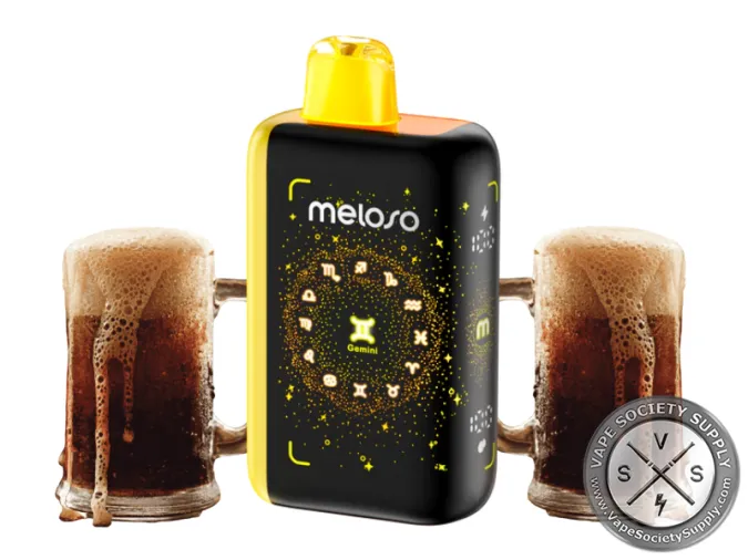 Geek Bar Meloso Bar 30K Root Beer disposable vape with a yellow top, next to mugs of root beer