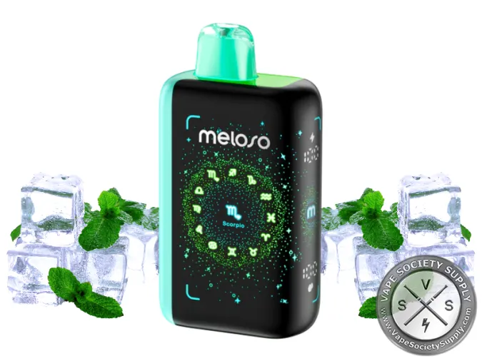 Geek Bar Meloso Bar 30K Stone Freeze disposable vape with a teal top, next to ice cubes and mint leaves