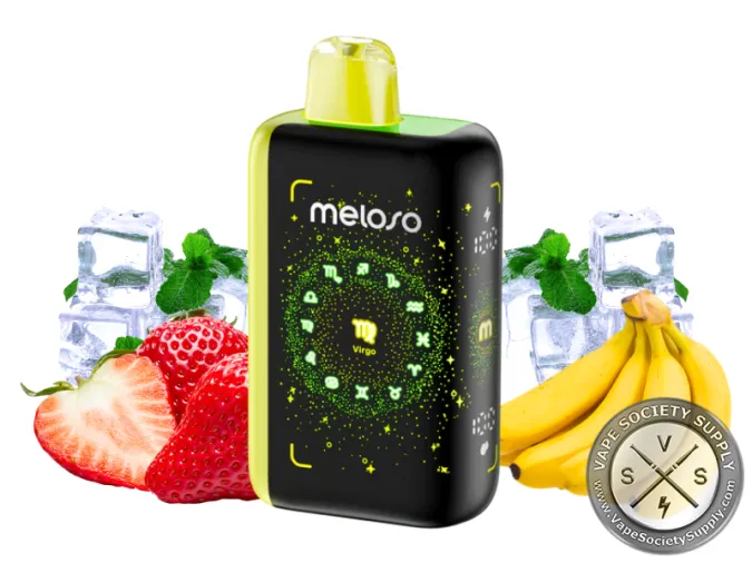 Geek Bar Meloso Bar 30K Strawnana Ice disposable vape with a yellow top, next to strawberries, bananas, ice cubes and mint leaves