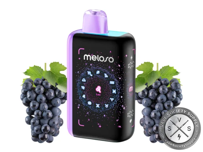 Geek Bar Meloso Bar 30K Summer Grape disposable vape with a purple top, next to bunches of purple grapes