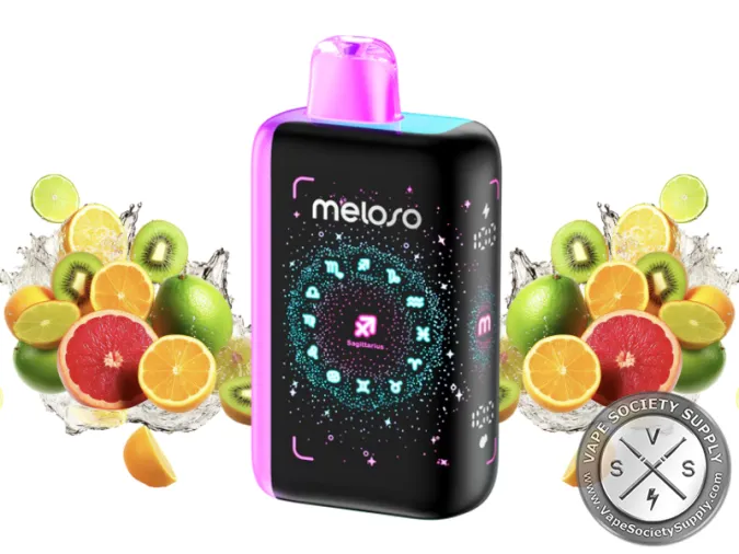 Geek Bar Meloso Bar 30K Super Fcuking Fab disposable vape with a purple top, next to orange, grapefruit, lime and lemon slices and kiwis