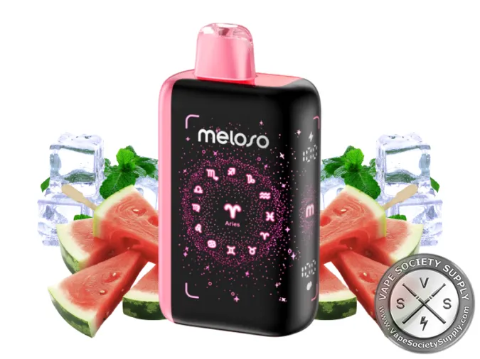 Geek Bar Meloso Bar 30K Watermelon Ice disposable vape with a pink top, next to watermelon slices, ice cubes and mint leaves