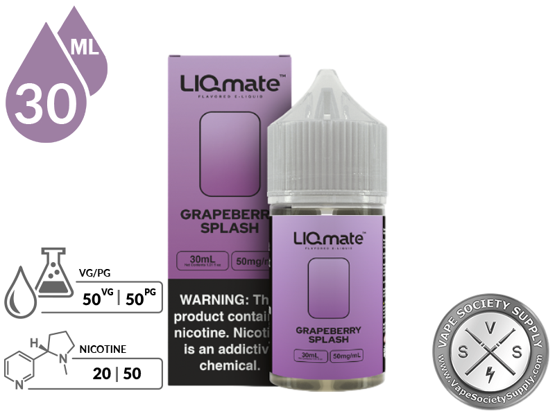 Grapeberry Splash LIQmate Salts by 7 Daze 30ml bottle and box with a 50/50 VG/PG icon and nicotine strength icons