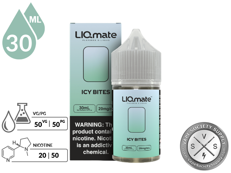 Icy Bites LIQmate Salts by 7 Daze 30ml bottle and box with a 50/50 VG/PG icon and nicotine strength icons