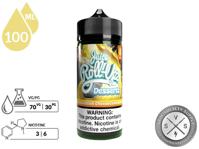 Lemon Cheesecake by Juice Roll Upz Dessertz 100ml bottle with a 70/30 VG/PG icon and nicotine strength icons