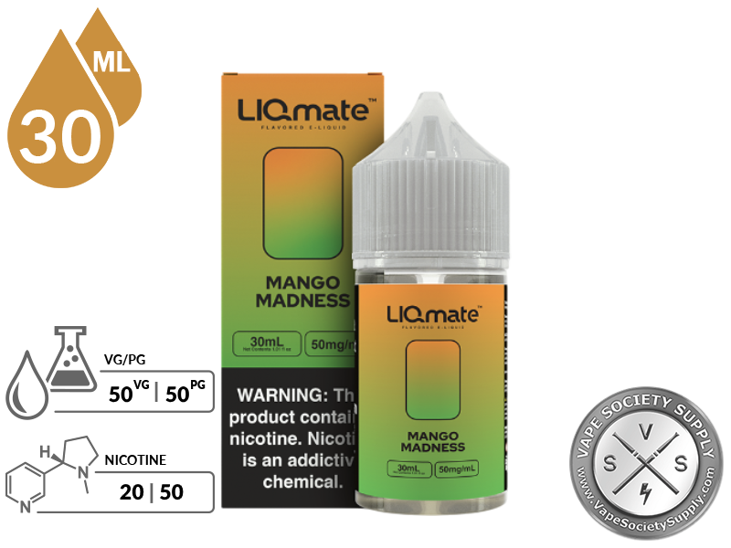 Mango Madness LIQmate Salts by 7 Daze 30ml bottle and box with a 50/50 VG/PG icon and nicotine strength icons