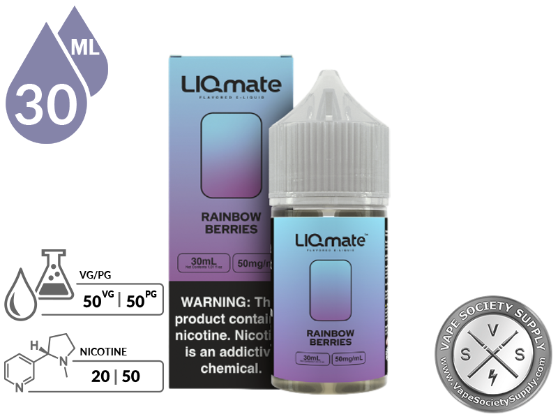 Rainbow Berries LIQmate Salts by 7 Daze 30ml bottle and box with a 50/50 VG/PG icon and nicotine strength icons