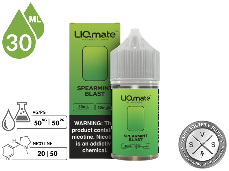 Spearmint Blast LIQmate Salts by 7 Daze 30ml bottle and box with a 50/50 VG/PG icon and nicotine strength icons