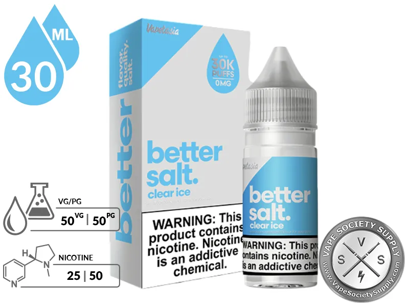 Clear Ice Better Salt 30ml bottle and box with a 50/50 VG/PG icon and nicotine strength icons