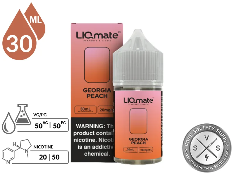 Georgia Peach LIQmate Salts by 7 Daze 30ml bottle and box with a 50/50 VG/PG icon and nicotine strength icons