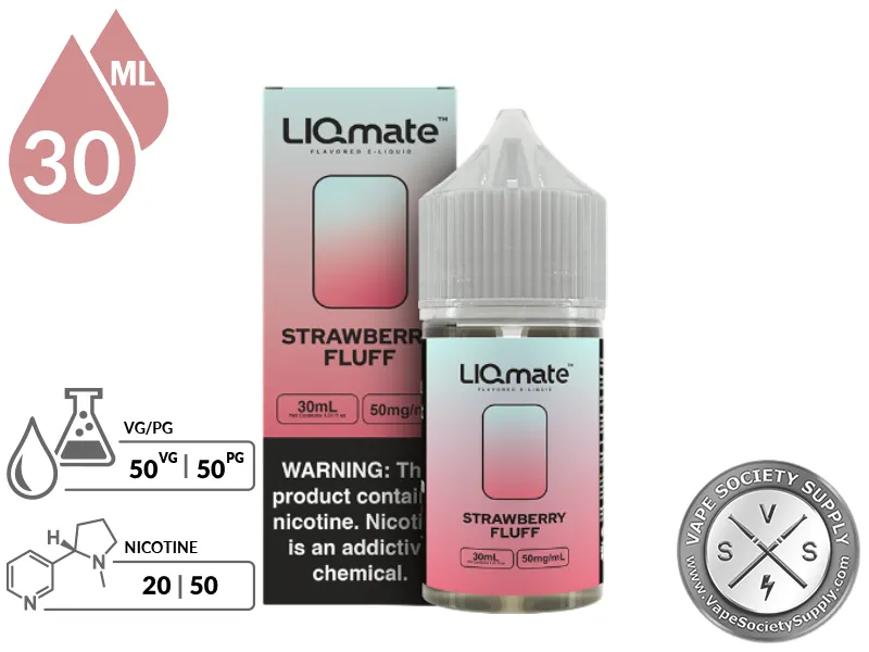 Strawberry Fluff LIQmate Salts by 7 Daze 30ml bottle and box with a 50/50 VG/PG icon and nicotine strength icons