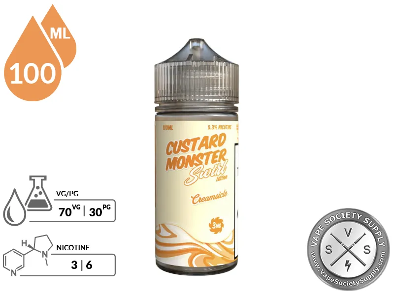Creamsicle Swirl Custard Monster 100ml bottle with 70VG/30PG and 3mg and 6mg nicotine icons