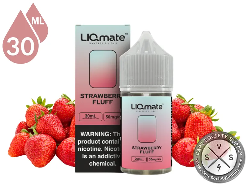 Strawberry Fluff LIQmate Salts by 7 Daze 30ml bottle and box with strawberries