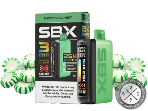 SBX 25K disposable in Sweet Spearmint with its box, spearmint candies