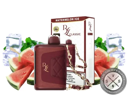 RAZ RYL Classic 35K Watermelon Ice disposable vape and box with watermelon slices and ice cubes