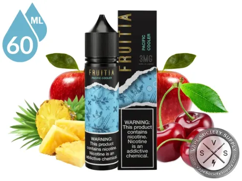 Pacific Cooler by Fruitia 60ml bottle and box with an apple, a pineapple and cherries