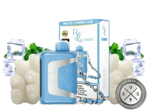 RAZ RYL Classic 35K White Yummy Ice disposable vape and box with white gummy bears and ice cubes