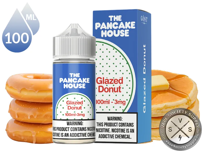 Glazed Donut by The Pancake House 100ml bottle and box with glazed donuts and a stack of pancakes