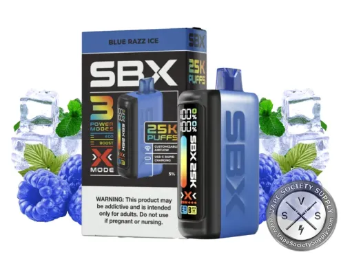SBX 25K disposable in Blue Razz Ice with its box, blue raspberries, mint and ice