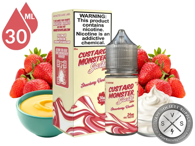 Strawberry Vanilla Swirl Custard Monster Salt 30ml bottle and box with strawberries, a bowl of custard and whipped cream