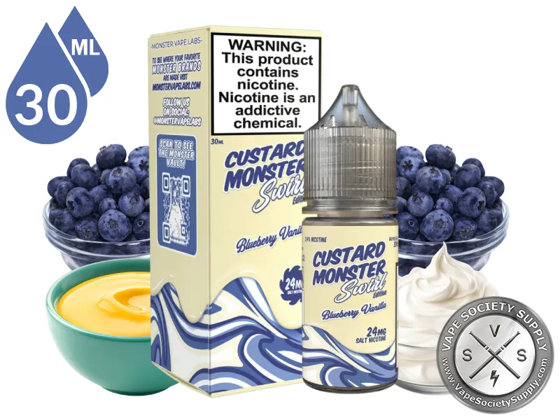Blueberry Vanilla Swirl Custard Monster Salt 30ml bottle and box with blueberries, a bowl of custard and whipped cream