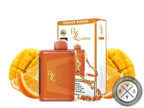 RAZ RYL Classic 35K Orange Mango disposable vape and box with mangoes and orange slices
