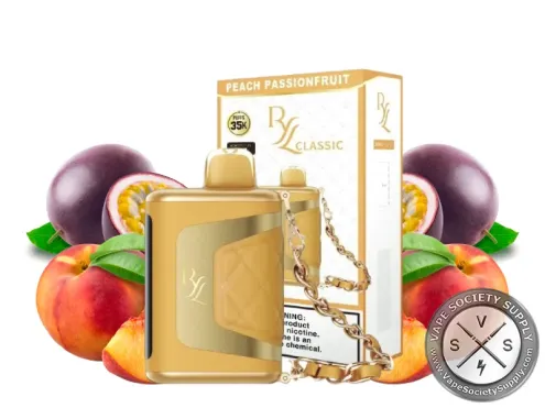 RAZ RYL Classic 35K Peach Passionfruit disposable vape and box with peaches and passion fruit
