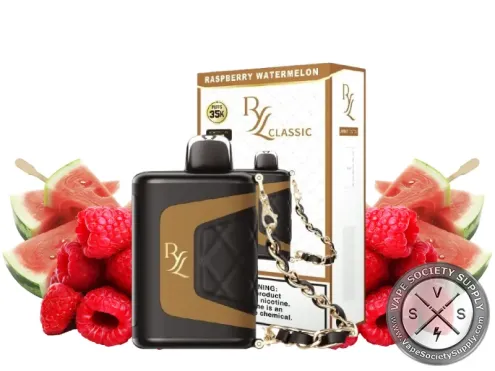 RAZ RYL Classic 35K Raspberry Watermelon disposable vape and box with watermelon slices and raspberries