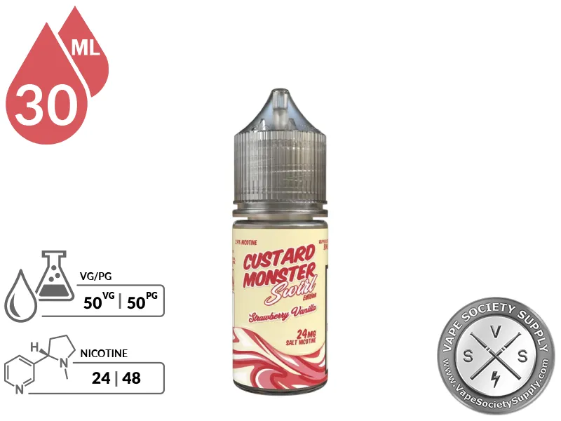 Strawberry Vanilla Swirl Custard Monster Salt 30ml bottle with 50VG/50PG and 24mg and 48mg nicotine icons