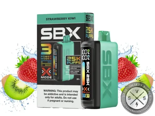 SBX 25K disposable in Strawberry Kiwi with its box, strawberries and kiwi