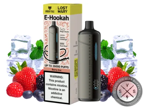 Lost Mary x Urban Tale E-Hookah Berry Ice disposable vape in dark gray with its box, next to strawberries, blackberries and ice cubes