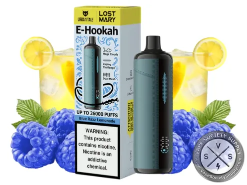 Lost Mary x Urban Tale E-Hookah Blue Razz Lemonade disposable vape in black with its box, next to glasses of lemonade and blue raspberries