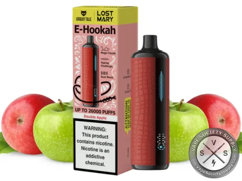 Lost Mary x Urban Tale E-Hookah Double Apple disposable vape in red with its box, next to red and green apples