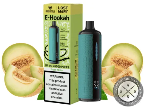 Lost Mary x Urban Tale E-Hookah Fresh Melon disposable vape in teal with its box, next to melon halves