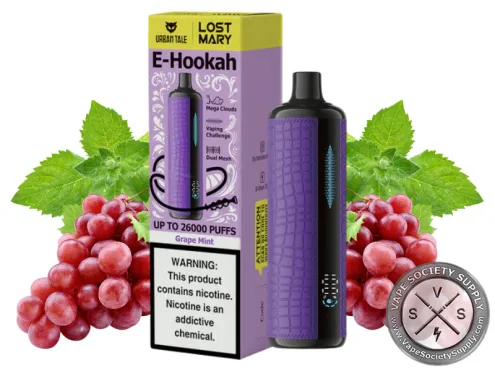 Lost Mary x Urban Tale E-Hookah Grape Mint disposable vape in purple with its box, next to red grapes and mint leaves