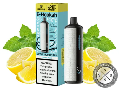 Lost Mary x Urban Tale E-Hookah Lemon Mint disposable vape in white with its box, next to lemons and mint leaves