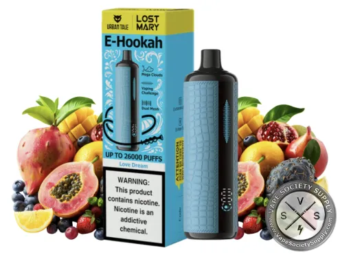Lost Mary x Urban Tale E-Hookah Love Dream disposable vape in blue with its box, next to papaya, dragon fruit and mixed fruit