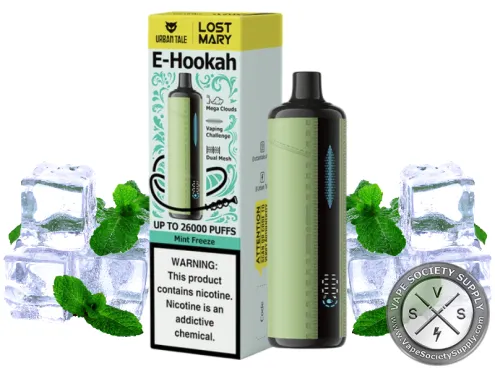 Lost Mary x Urban Tale E-Hookah Mint Freeze disposable vape in green with its box, next to ice cubes and mint leaves
