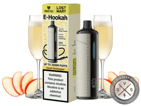 Lost Mary x Urban Tale E-Hookah Saudi Champagne disposable vape in white with its box, next to glasses of sparkling drink and apple slices
