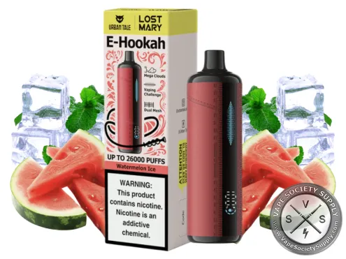 Lost Mary x Urban Tale E-Hookah Watermelon Ice disposable vape in red with its box, next to watermelon, ice cubes and mint leaves